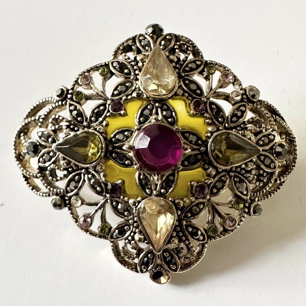 Vintage Monet Multicolored Crystal & Enamel Pin Brooch Signed Antiqued Gold Tone